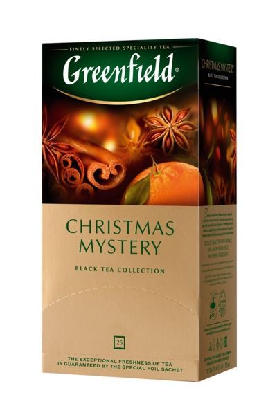 картинка Чай Greenfield черный Christmas Mystery с ароматом апельсина, лимона саше 25х1,5 г