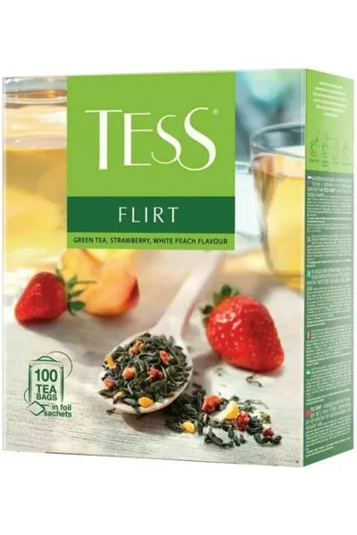 картинка Чай Tess зеленый Flirt клубника, персик саше 100х1,5 г